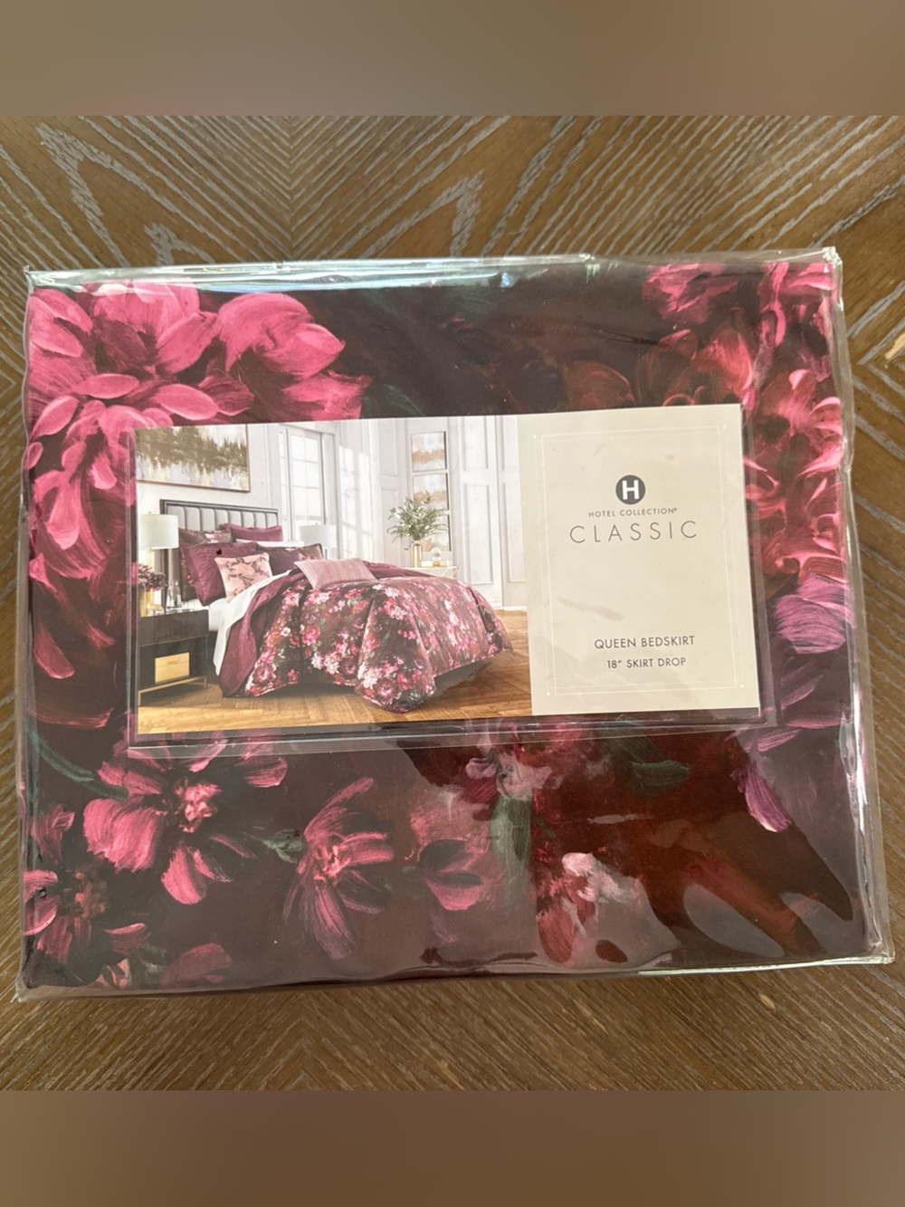 Hotel Collection Queen Bedskirt in Floral Burgundy/Pink Dutch Floral NEW